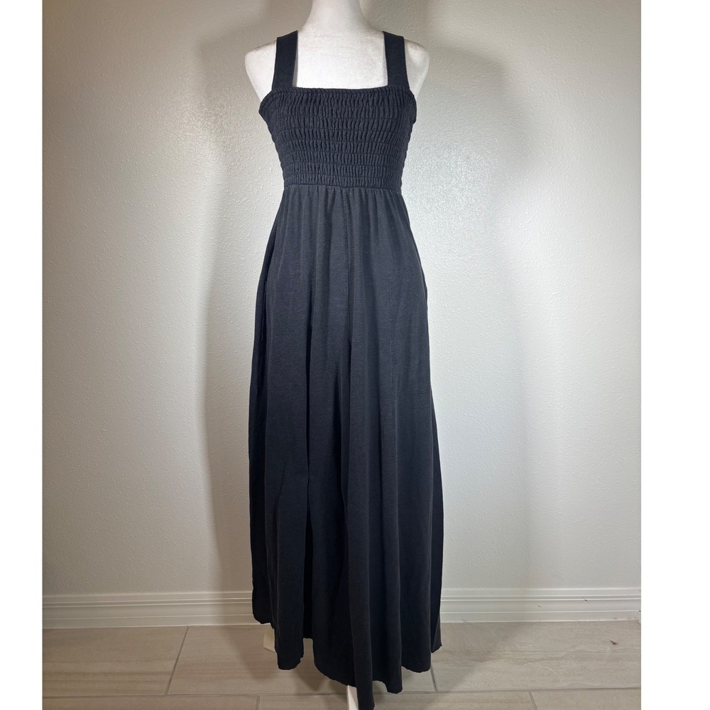 Free People FP Beach Smocked Wide Leg Jumpsuit Charcoal Black XS Linen Flowy